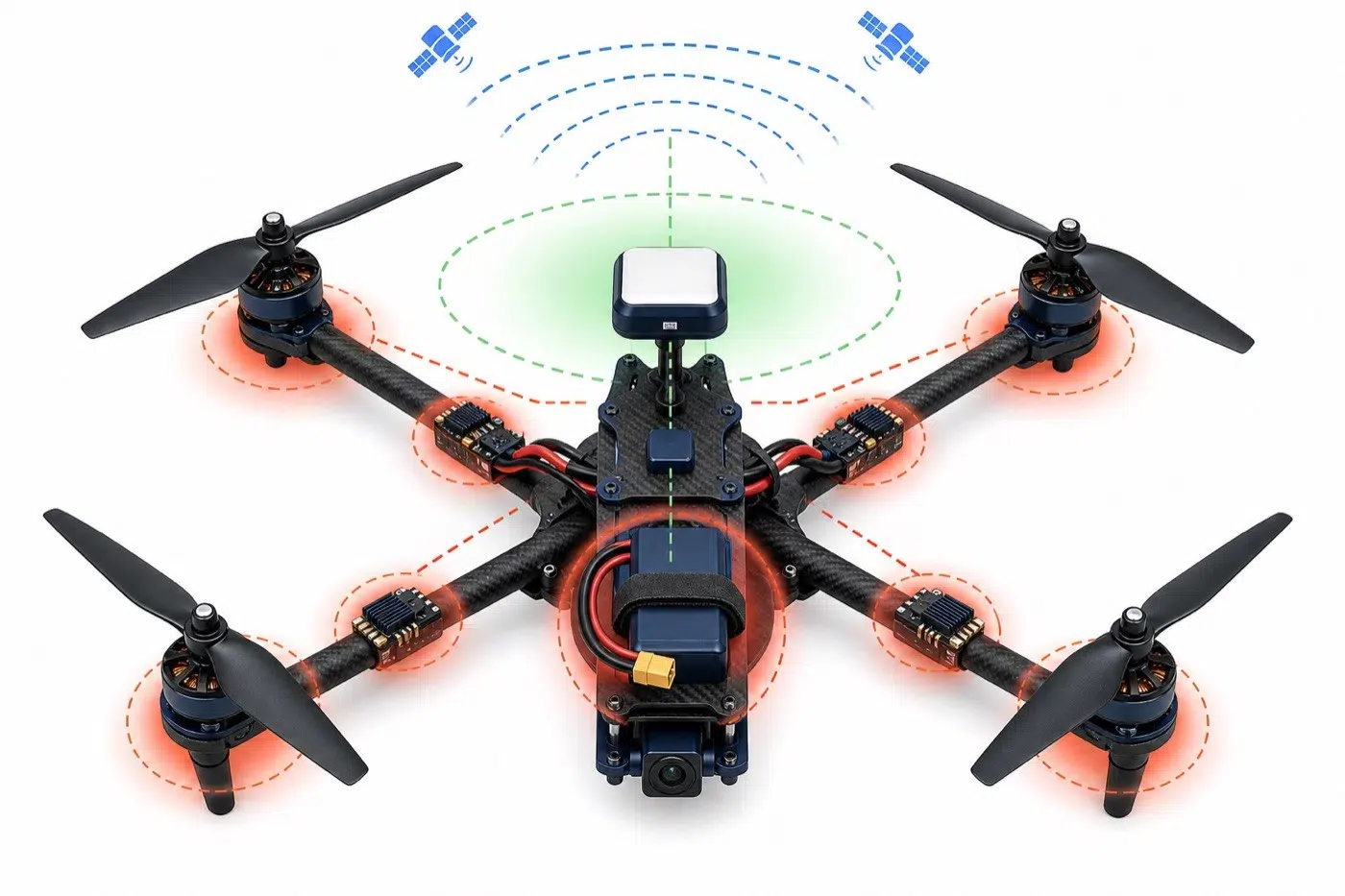 Drone GNSS installation diagram showing a clear-sky antenna zone and separation from motors, ESCs, battery, and high-current wiring.