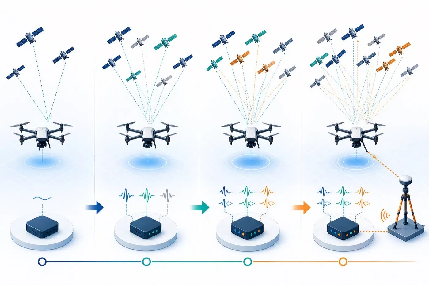 Four-stage drone GNSS selection diagram comparing basic single-band positioning, multi-constellation, dual-band, and RTK correction architecture.