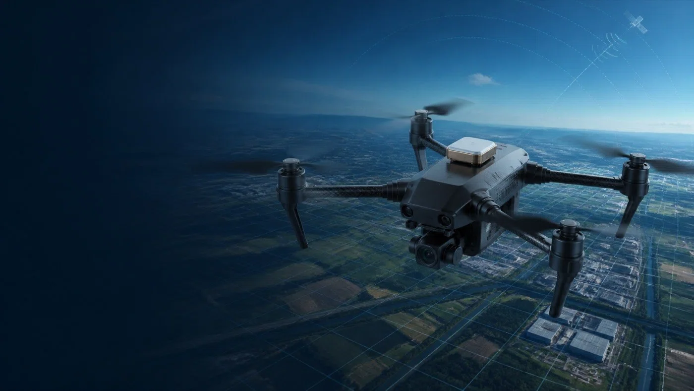 Commercial drone integrating a GNSS smart antenna and wireless communication links for navigation, telemetry, and remote connectivity.