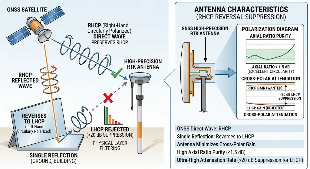RTK high-precision GNSS antenna diagram showing RHCP reversal suppression, LHCP rejection, axial ratio, and cross-polar attenuation.